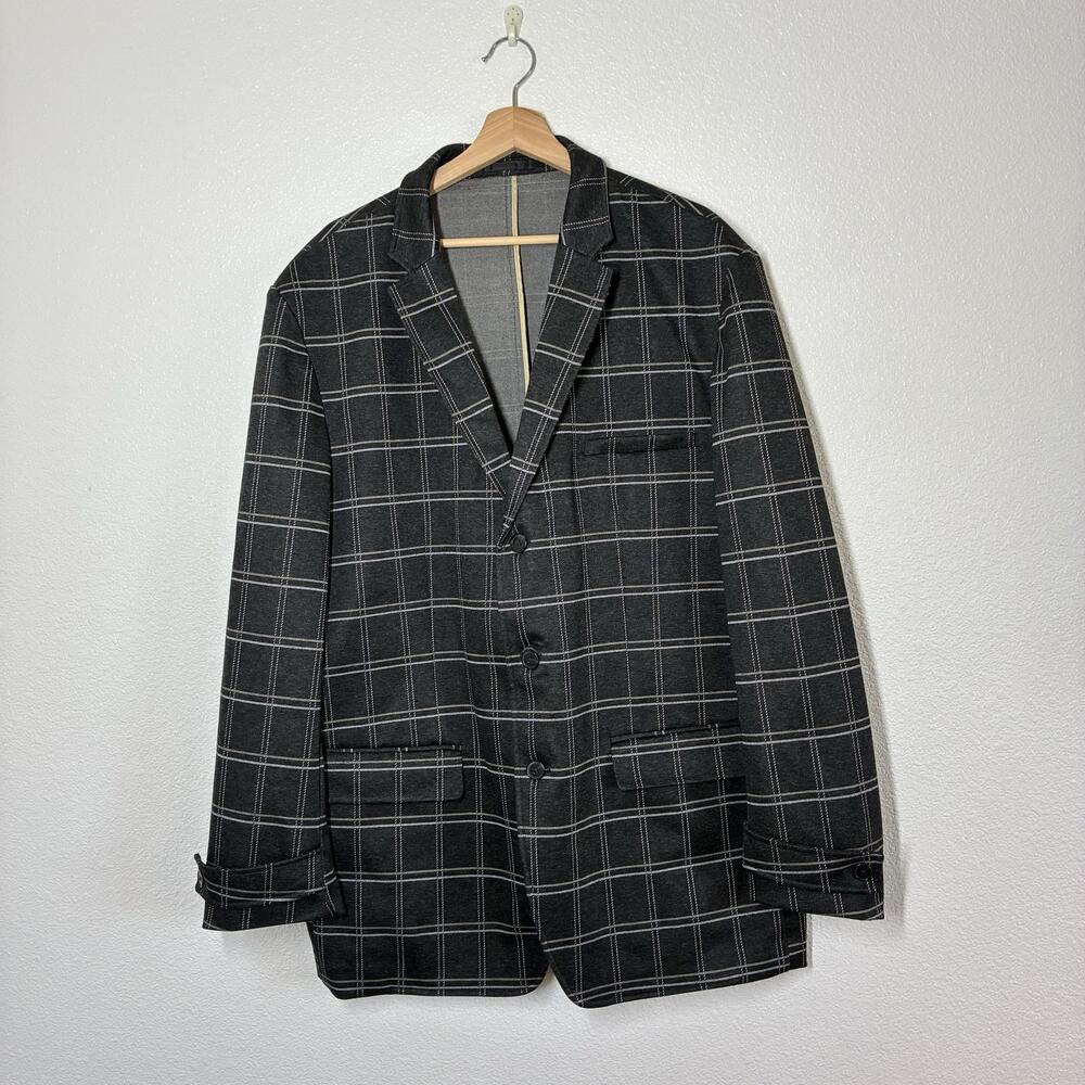 INC International Concepts Blazer Mens 2XL Gray Plaid Jersey Knit Stretch Casual